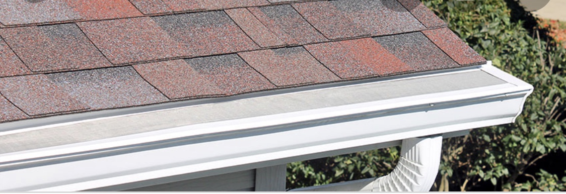 Gutter with mesh guard installed along a shingled roofline, catching rainwater before it reaches the ground