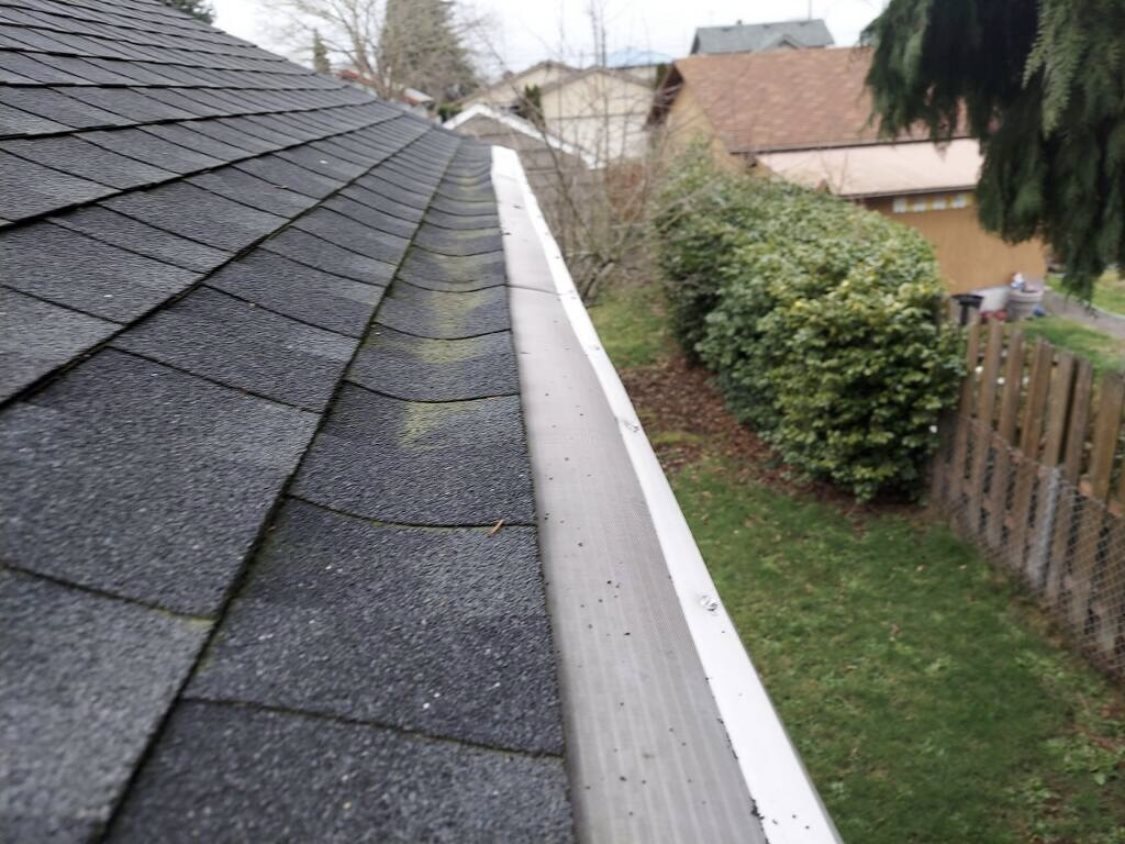 Gutter guard mesh installed along a roofline
